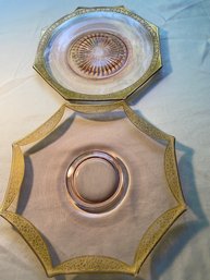 2 Vintage Pink Depression Glass Plates With Gold Edging, 10,  6 Pink Glass Dinner Plates, 2 Sm Glasses