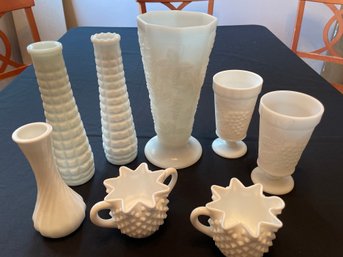 Fenton Hobnail Milk Glass Star With Ruffled Edge, Vintage Anchor Hocking Grapevine Vase, Hoosier Glass Vase