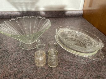 Vintage Hazel Atlas Mini Restaurant Glass Jars, Footed Fluted Bowl, Pyrex Baker & Pressed Glass Oval Side Dish