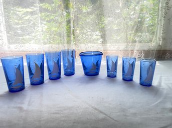 8pc. Lot - Mid Century Hazel Atlas Cobalt Blue Sailboat Barware Ice Bowel, Cocktail & Juice Glasses
