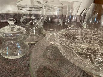 9 Pc Lot Etched Glass Pieces, Pitcher, Platter, Stemware,