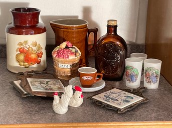 Vintage Stonewear Pottery Pitcher, Log Cabin Syrup Bottle, Iron Hot Plates, Ceramic Jam Jar, Frosted Glasses
