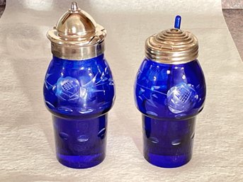 2 Antique Victorian Cobalt Blue Etched Pieces From Silverplate Cruet Set, Shaker And Mustard Honey Jar
