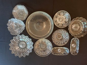 10 Pc Lot Vintage Indiana Glass Diamond Platter, Federal Glass Petal Serving Bowl, WestMoreland Flared Bowl