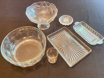 Lot Of Vintage Glassware Footed Fruit Bowl, Canap Tray, Butter Dish, Candle Holder