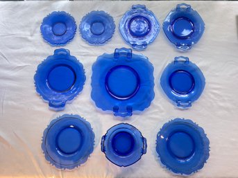 Lot Of 10 Mt. Pleasant Cobalt Blue SMITH GLASS - 3 Plates With Handles, 4 Round Plates, 1 Bowel. Chiped