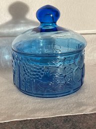 Rare Antique Cobalt Blue Embossed Glass Lidded Candy Dish 'Floral Flowers & Modernist Circle Pattern Designs'