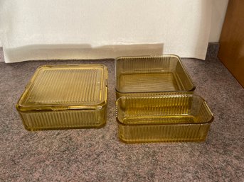 Lot Of 3 1940s Federal Glass Co. Large Ribbed Amber Refrigerator Dishes With Single Lid 8.5x8.5, 8.5x4.25