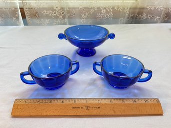 Lot Of 3 Cobalt Blue Bowels, 1 Candy, 2 Soup Bowels
