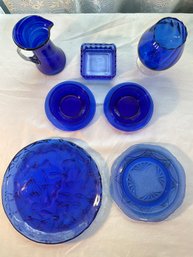 Lot Of 9 Cobalt Blue Pitcher, Brandy Glass, Candy Dish, 2 Soup Bowls & Plates, Embossed Plater & Platea