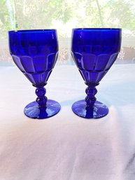 2 Martinsville Hostmaster Thumbprint Cobalt Blue Wine Water Glasses, Chipped