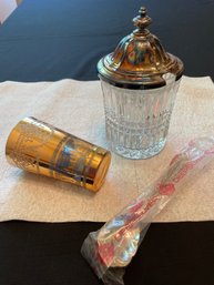 Vintage Fostoria Lead Crystal Jelly Jar With Silver Plated Lid And Spoon, Middle-Eastern Ornate Glass-Korea