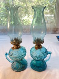 2 Vintage Teal Blue Lamps With Diamond Design,  1 Crack