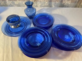 Vintage Hazel Atlas Cobalt Blue Moderntone Plates, 15 8inch, 6 7inch, 1 9inch, Vase And Dessert Cup