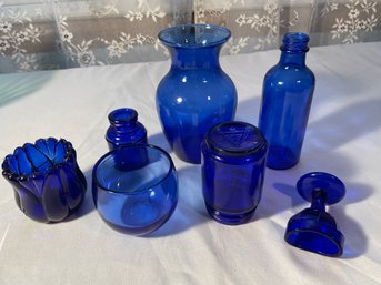Misc Cobalt Blue Glass, Antique Vicks VapoRub Jar, Medicine Bottle, Vase, Inkwell, Votives Eyewash Cup