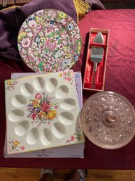 NEW Egg Dish , 11 Inch Hand Painted Dish With Gold Underlay Made In Hong Kong, Cake Server, Glass Candy Dish
