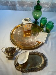 SoSolid Copper Gift Tray, Green Glass Jars, And Small Metallic Cream And Sugar Set