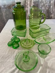 ALot Of Vintage Green Depression Glass, Pitcher, Large Canister, Square Refrigerator, Dishes, Juicers, Caste