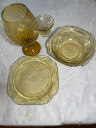 FEDERAL GLASS Madrid Indiana Glass Bowl 6.75' Square Amber Depression Glass, Fruit Cup, Lg Swirl Brandy Glass