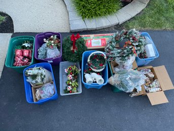 Huge Lot Of Christmas Decorations Including Tree Wreaths Nativity Set Baskets Etc.