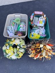 Easter Decorations And Wreaths And Bunnies And Baskets With Eggs And Grass