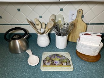 Lot Of Kitchen Pieces Teapot Wooden Spoons Whisks Cutting Board Napkin Holder Etc.