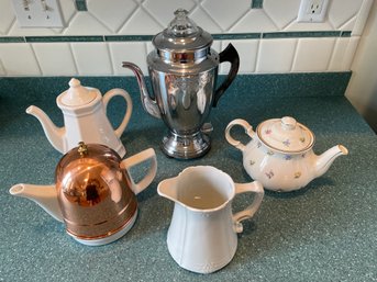 Lot Of  Teapots, Creamer, Electric Coffee Percolator