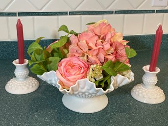 White Hobnail Milk Glass, Candleholders, And Fruit Bowl