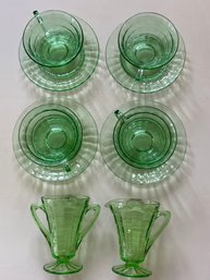 Vintage Green Uranium Depression Glass, Cups & Saucers, Cream & Sugar Vessels