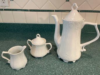 Baroness White Scrollwork Coffee Pot, Cream & Sugar Set