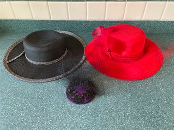 3 Colorful Lady's Hats 1 Black And 2 Reds