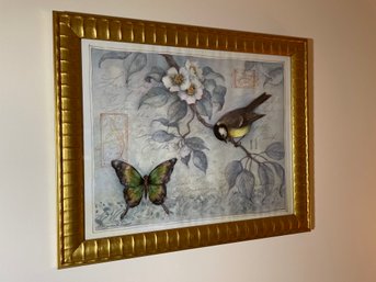 Lovely Bird And Butterfly Print 24 Inches Wide Gold Frame