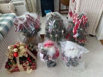 Christmas Lot: 3 - 2 Foot Tall Trees, 2 - 18 Inch Santas & Gift Display