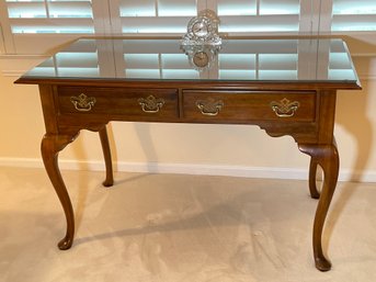 Vintage Kling Queen Ann Double Drawer Mahogany Writing Co Desk 48x25x30 And Chair, Glass Top