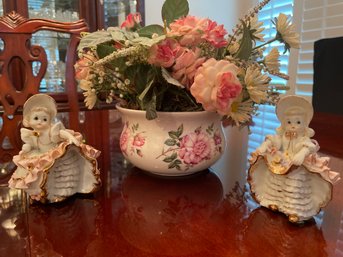 Vintage 1950s Lefton KW1698 Bloomer Girl Figurines W Gold Trim, Portmerion England Pottery Flower Cup