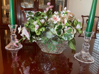 2 Cut Crystal Candle Holders 5 Inch And Matching Cut Glass Flower Basket 8 Inch