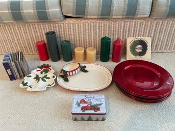 Christmas Lot: 7 Large Candles, Holiday CDs, 2  Ceramic Platters, 12 Large Red Plates