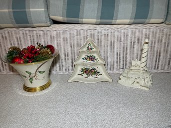 3 Lenox Christmas Ceramic Items: Bowl, Serving Dish, Lighthouse