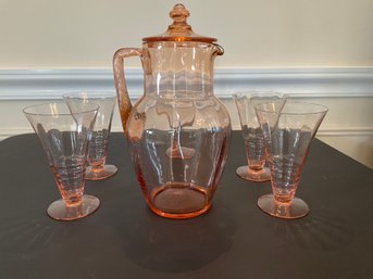 Vintage Cambridge Pink Optic Depression Glass Pitcher, Lid & 4 Footed Tumblers