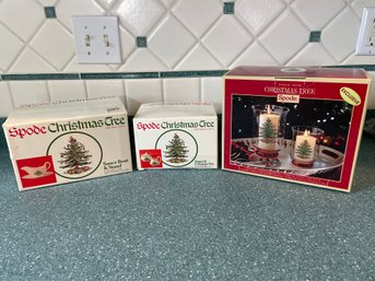 Spode Christmas Tree Sauce Boat And Stand,  Sugar And Creamer Set,  Hurricane Candleholder Set