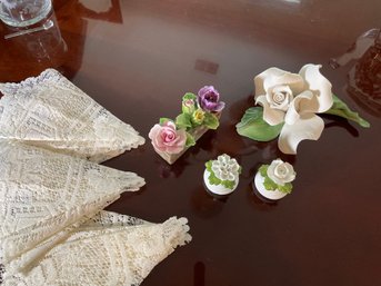 Vintage Aynsley Floral Salt & Pepper Shakers, Adderley & Capodimonte Flowers, 11 Heritage Lace Napkin Cufs