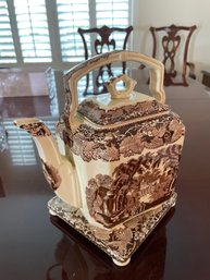 RARE Vintage English Mason's Brown 'VISTA' IRONSTONE CHINA TEA POT & Lid / KETTLE  & Hotplate