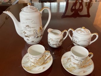 Very RARE Antique 1930s Japanese Nippon Lithophane Tea Set For Two, Image At Bottom Of Cups