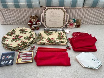 Christmas Lot Includes Lenox, Teddy Bears, Serving Dish, Placemats, Runners, Cheese Spreaders, Serving Spoon