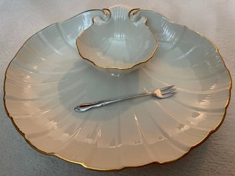 Vintage Lenox Seashell Seafood Serving Platter With Fork And Attached Dipping Bowl,
