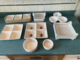 White Ceramic Serving Dishes, Basket Weave, Some From Portugal , 3 Section Divided Bowl, 4 Section Square Bowl