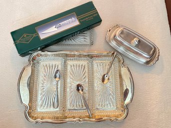 Serving Items: Crystal And Silverplate Divided Serving Dish, Single Covered Dish, Pastry Server