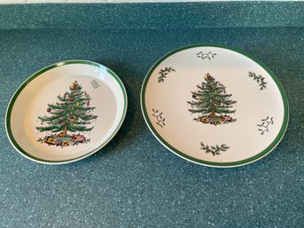 2 Spode Christmas Tree Platters: 10' Deep Dish & 11' Footed Cake Platter