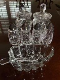 Waterford Crystal Lismore, 2 Sets Of Salt And Pepper Shakers, Honey Pot, Mustard Pot, Relish Dish