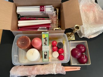 Lg Lot Of Candles & Pair Of 6 Inch Brass Candlesticks, A Dozen Tapers, Pillars, Votives, And Balls
